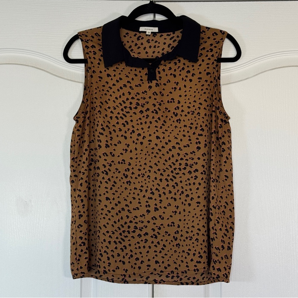 Pleione Leopard Print Sleeveless Blouse Black Collar Mob Wife - Small